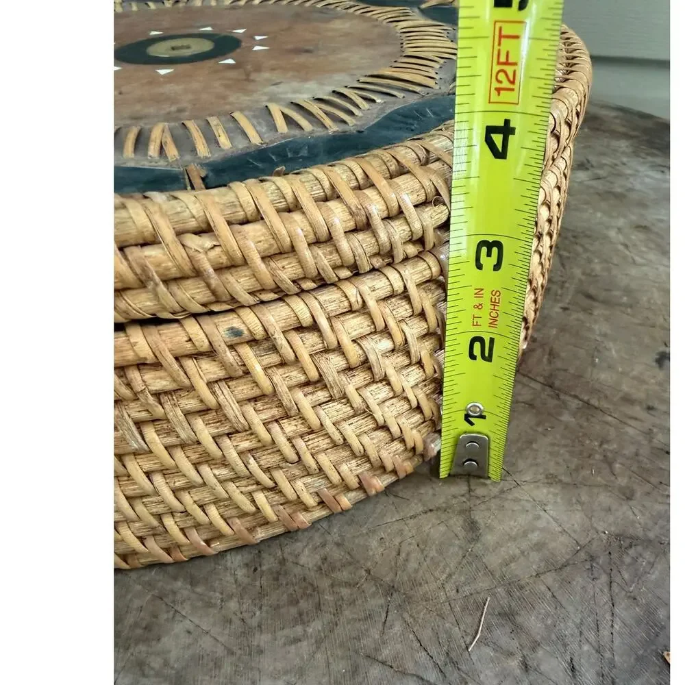 VTG Lombok Indonesia Rattan Lidded Basket Chinese Coin Talisman Tribal Art Boho